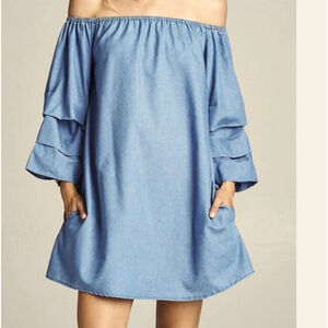 Zara | Chambray Balloon Sleeves Short Lightweight Off Shoulder Dress Size Large